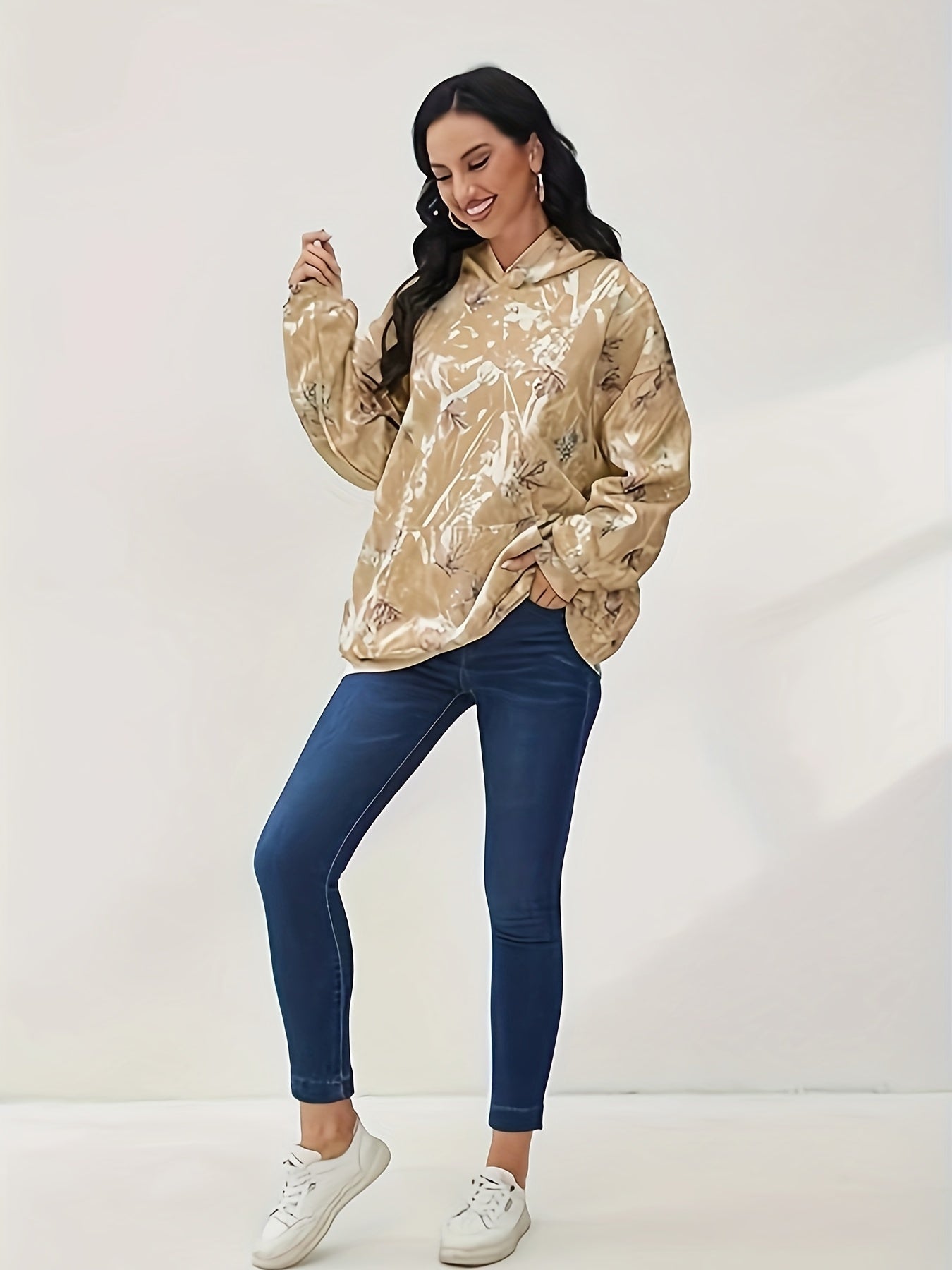 Plus Size Coffee Leaf Print Hoodie | Long Sleeves Paisley Camo Colors