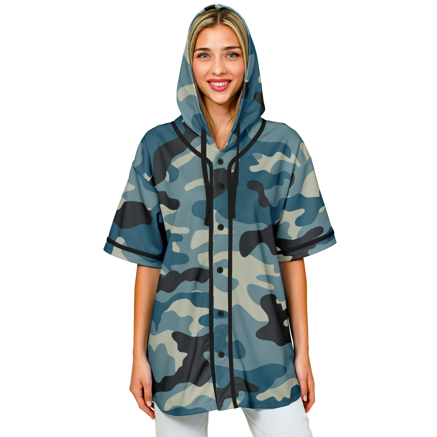 Hooded Baseball Jersey | Blue & Charcoal Camo Print | Camo Colors
