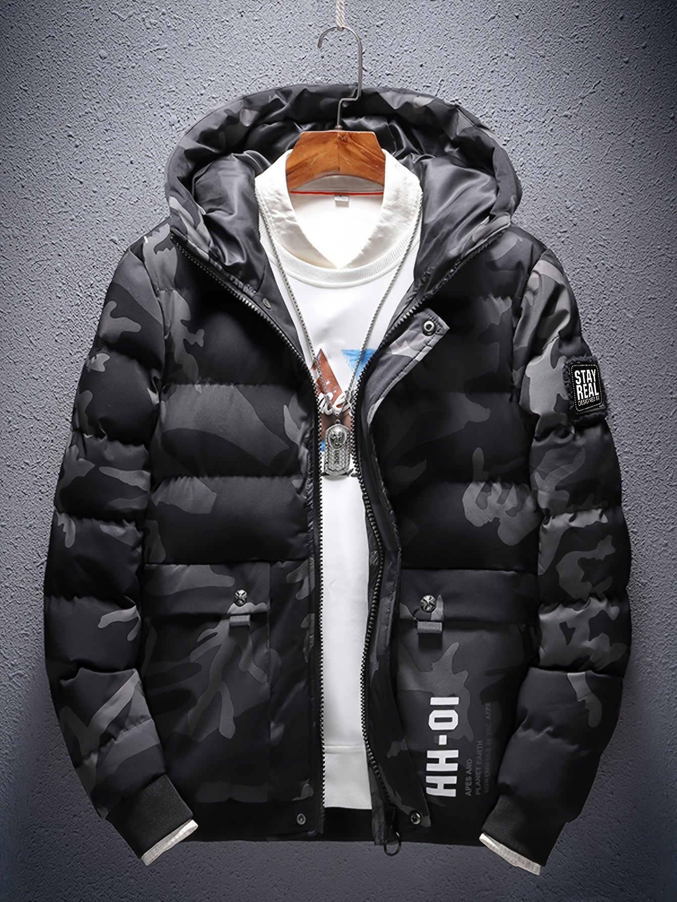 Men's Black Camouflage Padded Jacket | Regular Fit with Hooded Collar Camo Colors