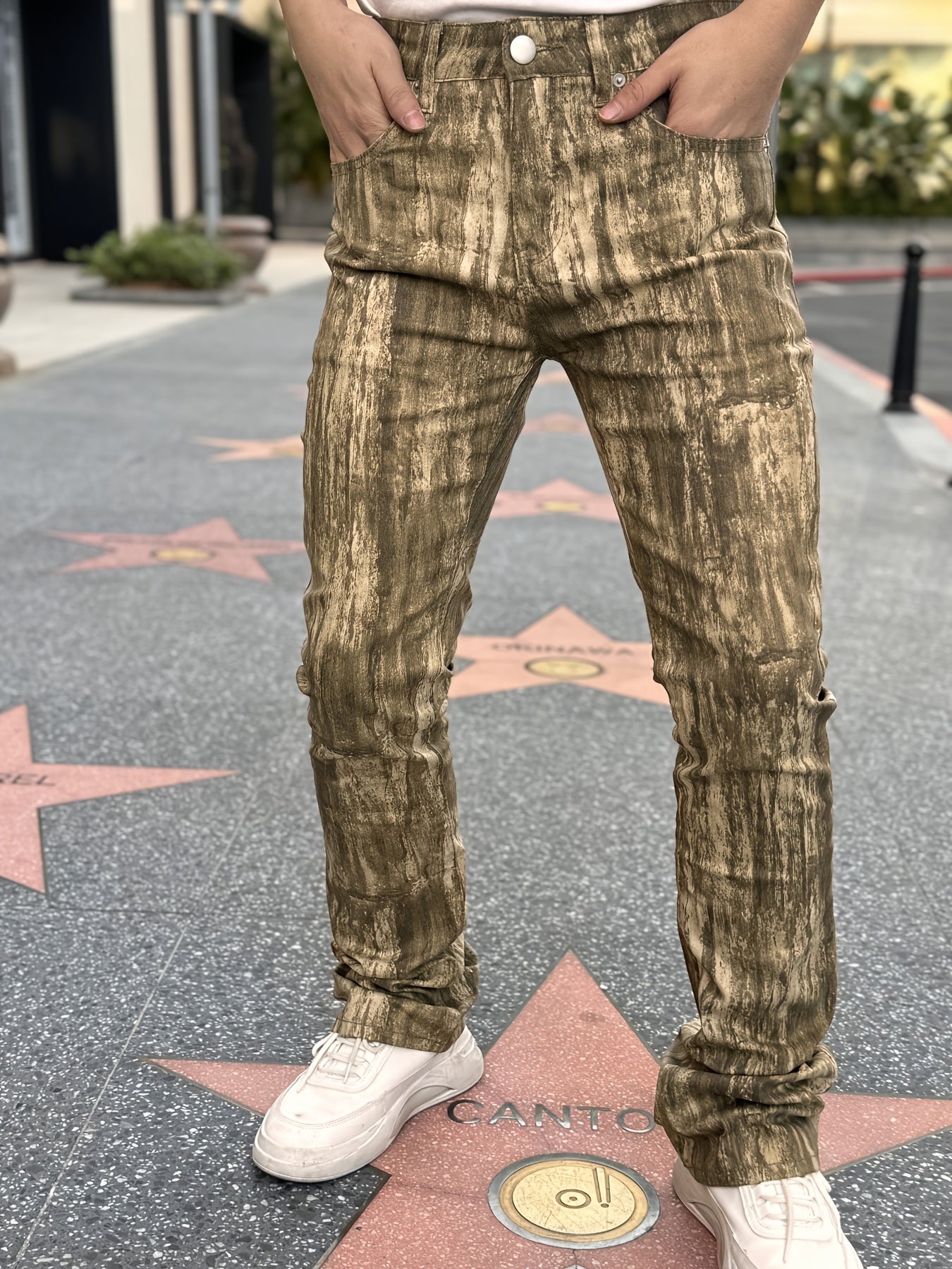 Men's Stretch Denim Flared Pants with 3D Digital Print Camo Colors