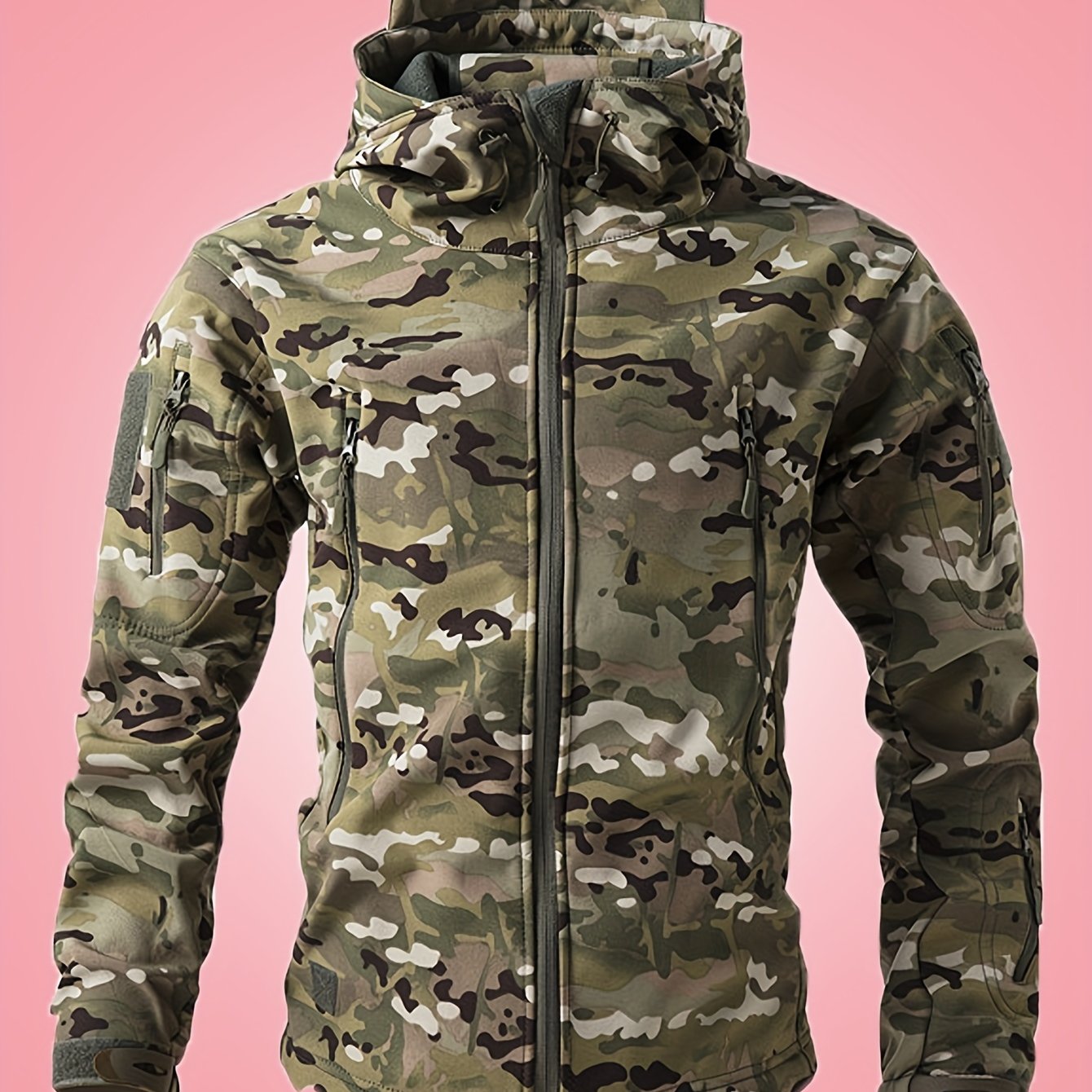Men's Military Camo Jacket | Hooded Windbreaker with Zippered Pockets, Removable Hood Camo Colors