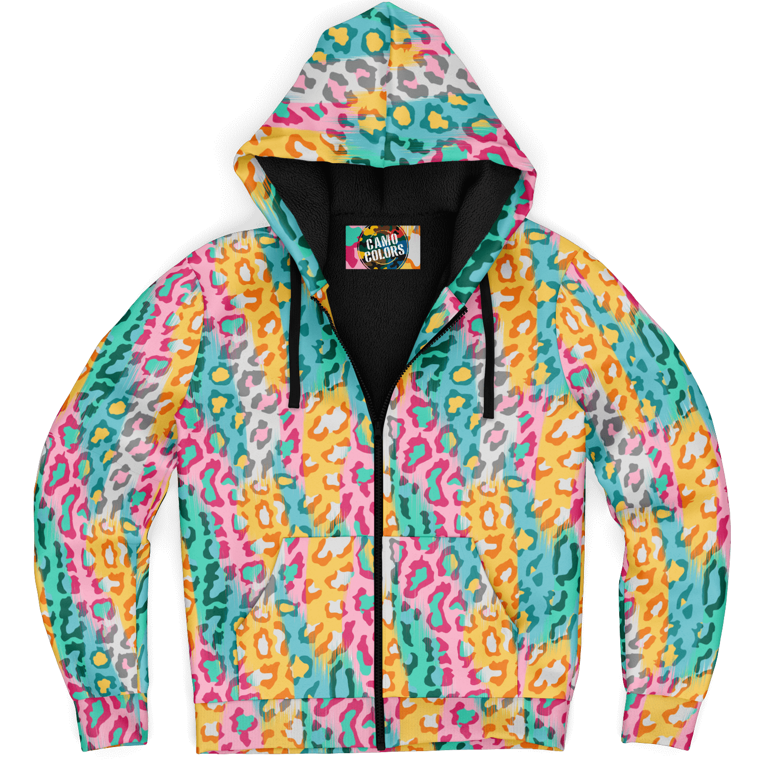 Microfleece Zip Hoodie | Colorful Leopard Pattern Camo Colors