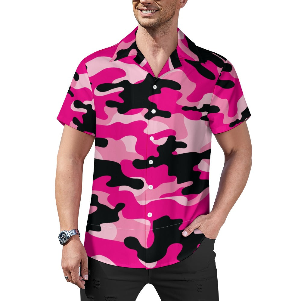 Pink Camo Men's Shirt | Classic Cuban Collar Design | Camo Colors
