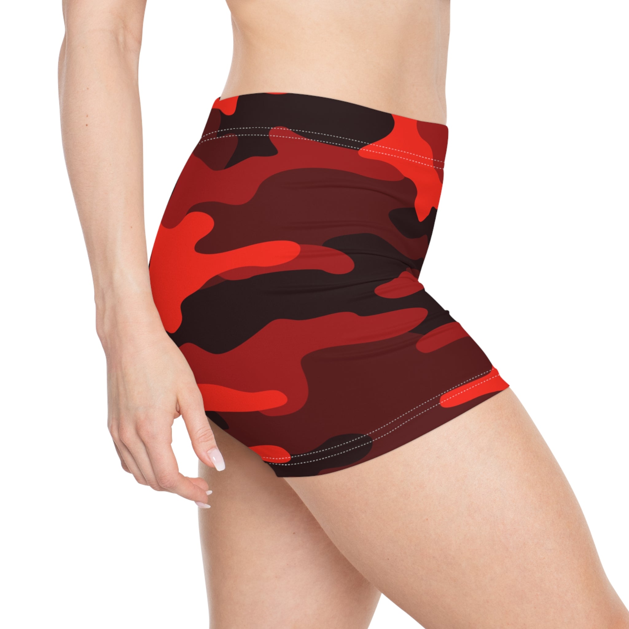 Women's Camo Shorts | Tight Fit | Scarlet Red & Black style Camo Colors