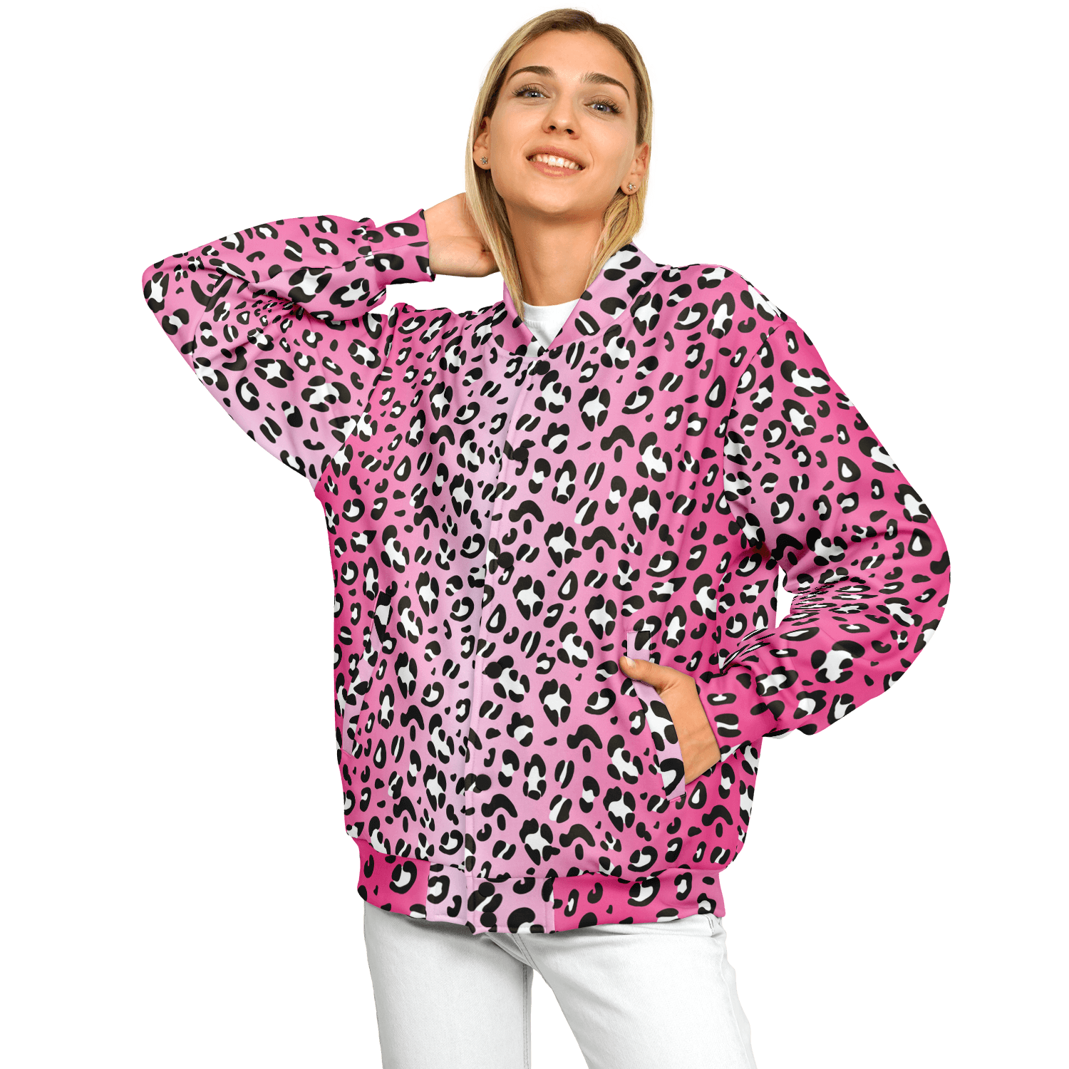 Baseball Jacket in Pink, Black & White Leopard Pattern Camo Colors