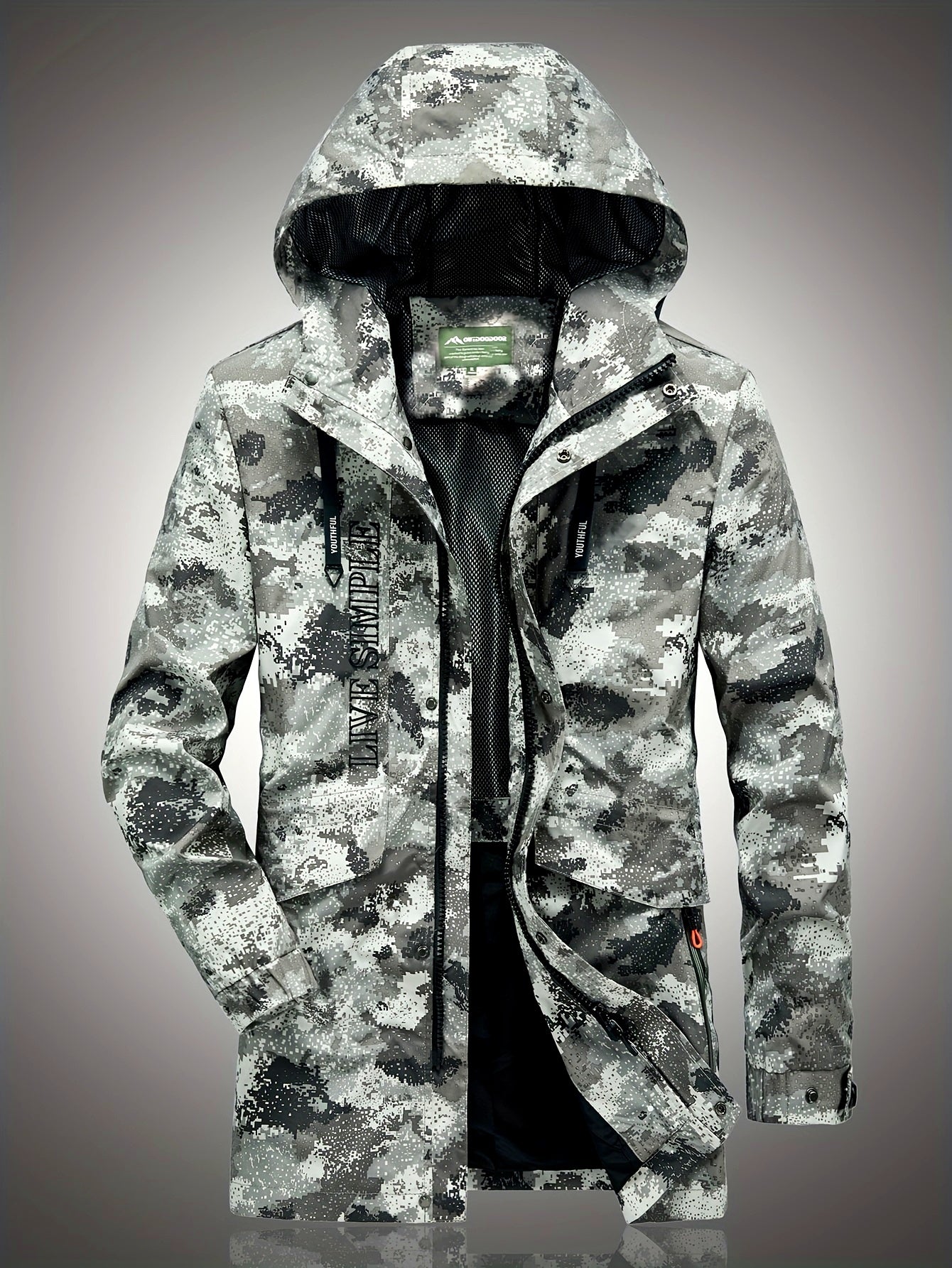Men's Camo Hooded Windbreaker Jacket with Zip & Drawstring Camo Colors