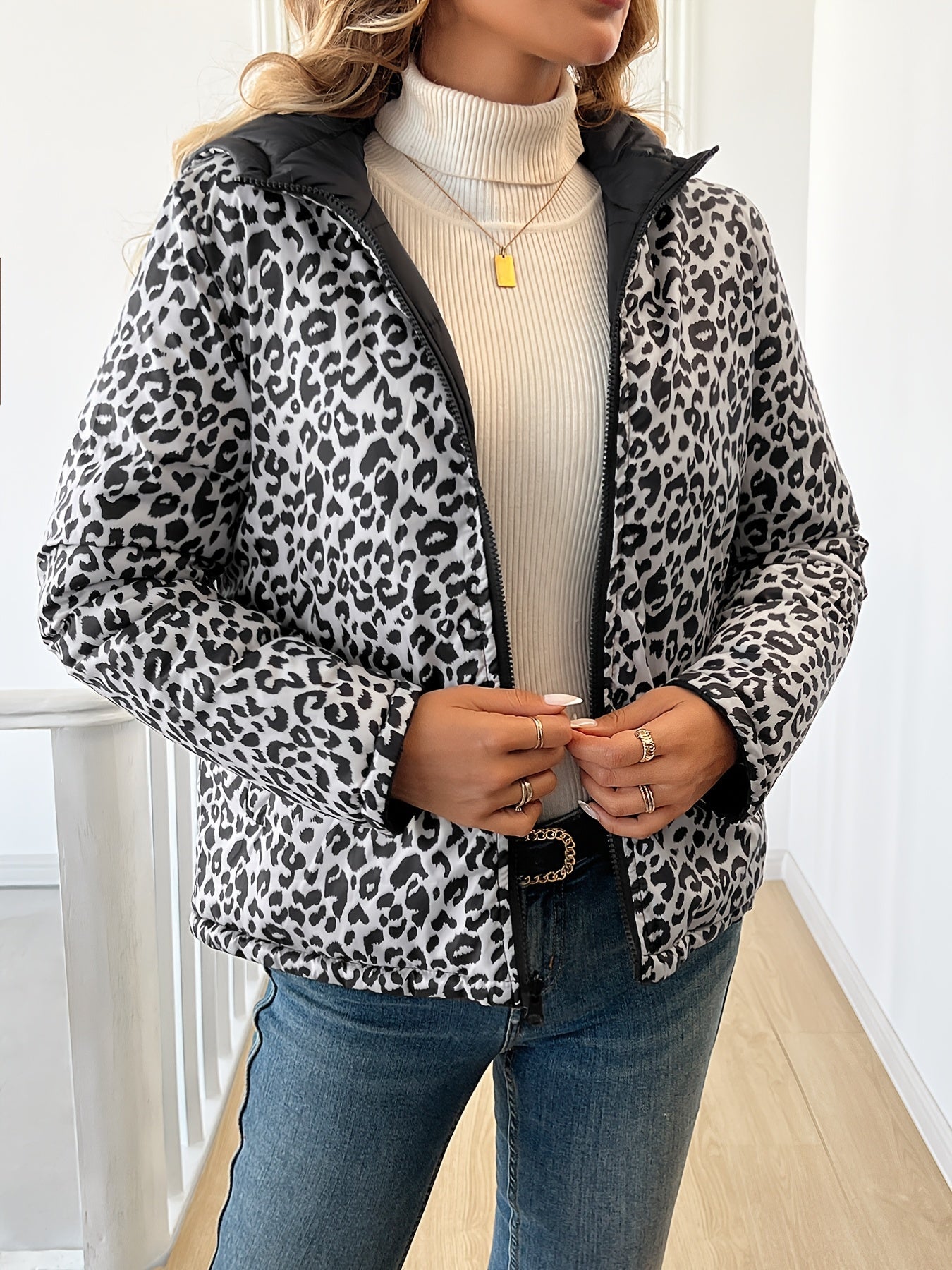 Women's Reversible Leopard Print Hooded Puffer Jacket | Camo Colors