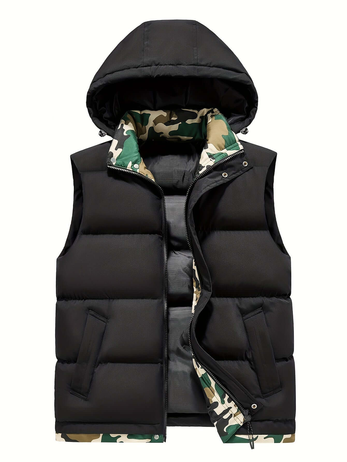 Men's Fleece-Lined Hooded Vest | Stylish Black and Camo Collar Camo Colors