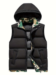 Men's Fleece-Lined Hooded Vest | Stylish Black and Camo Collar Camo Colors