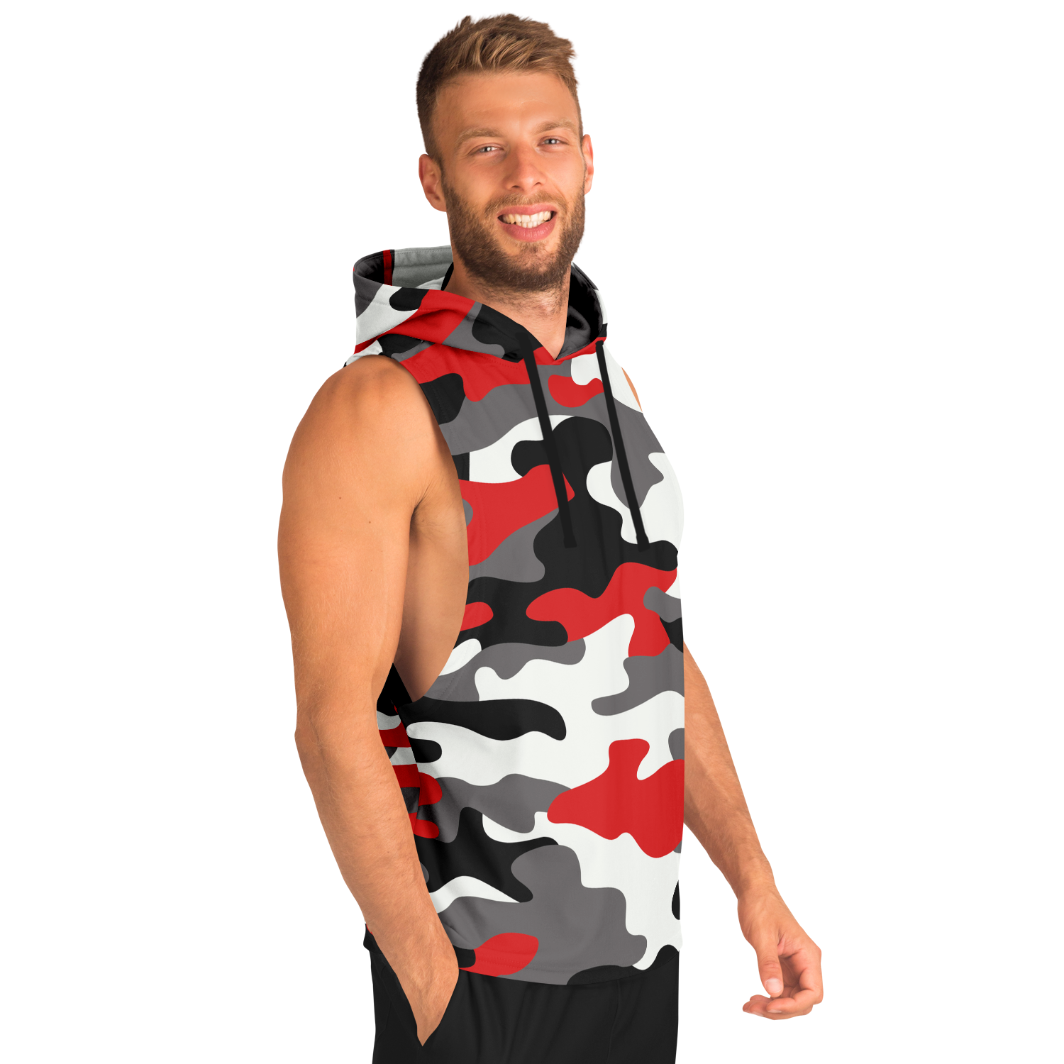 Sleeveless Hoodie |Red, Black, and White Camouflage Camo Colors