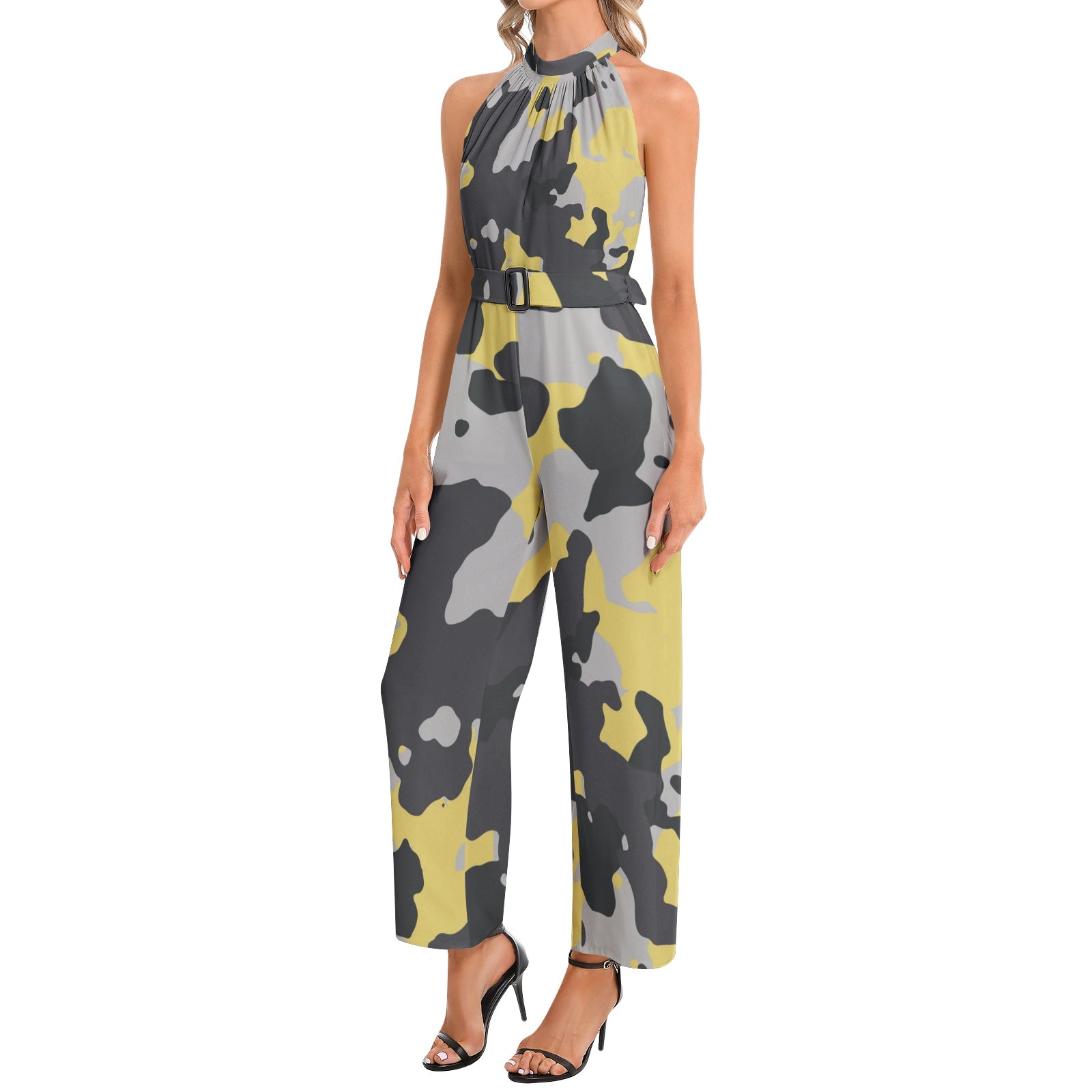 Camo Jumpsuit | Belted Halter Neck | Yellow, Black and Silver Camo Colors