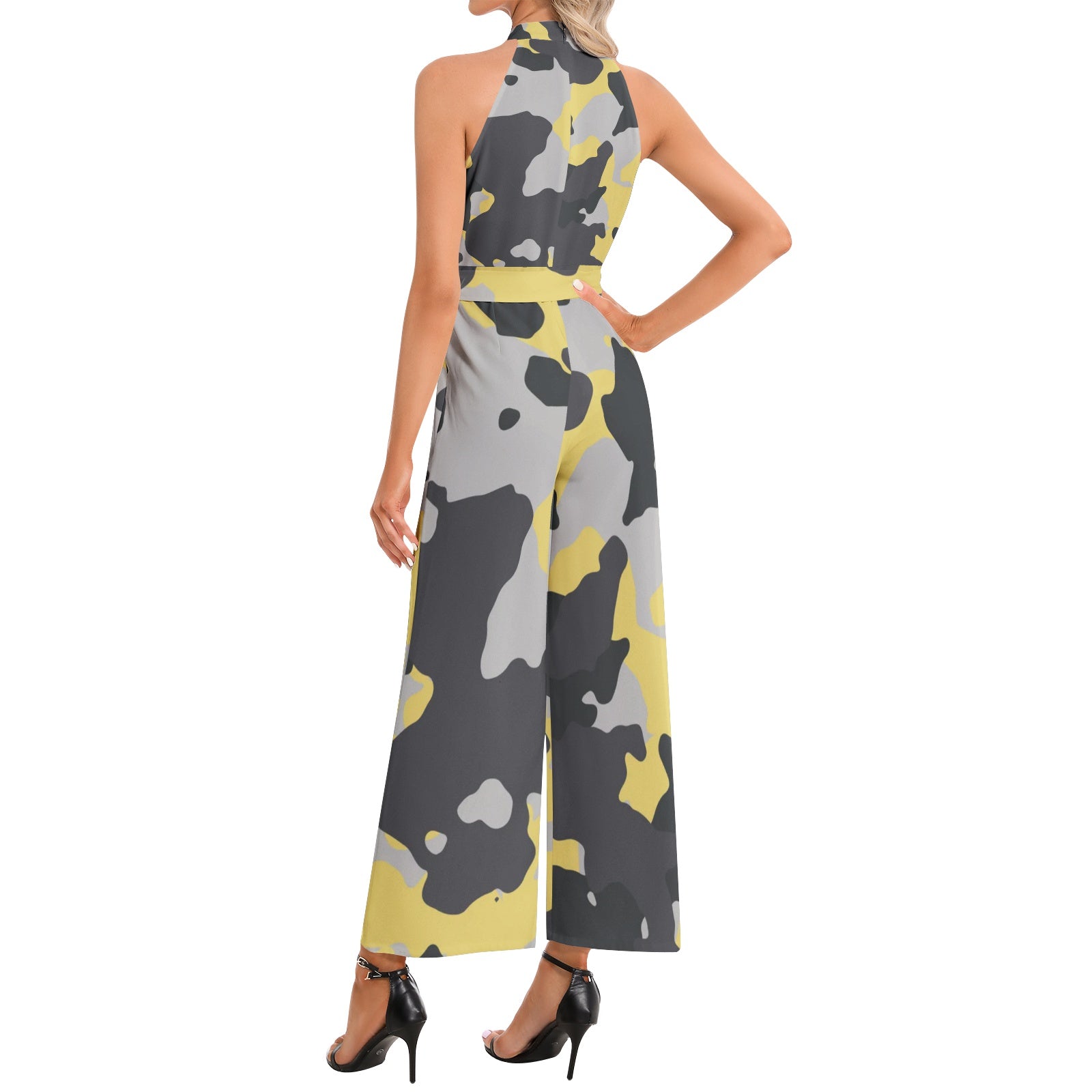 Camo Jumpsuit | Belted Halter Neck | Yellow, Black and Silver Camo Colors