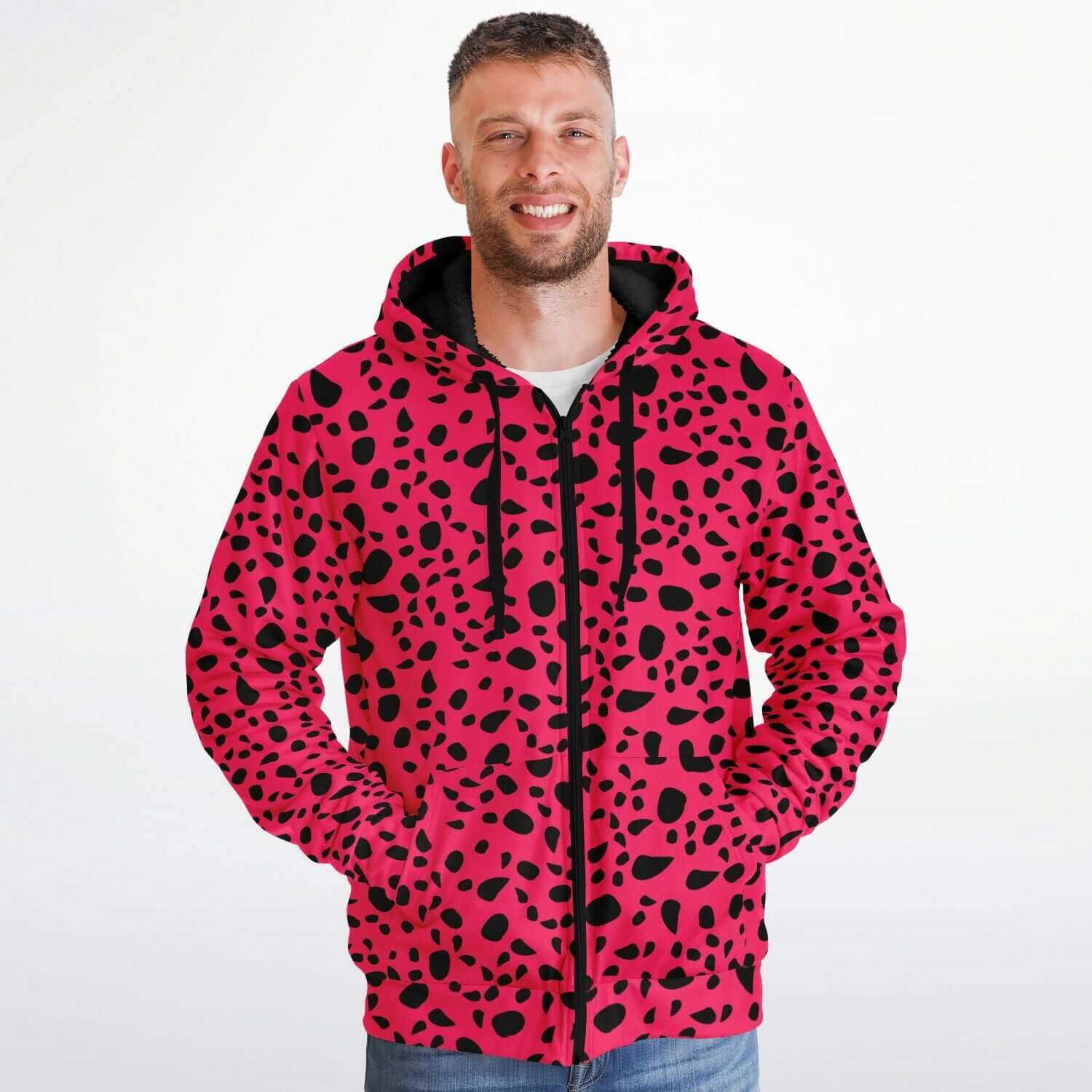 Microfleece Zip Camo Hoodie | Leopard Print in Pink & Black Camo Colors