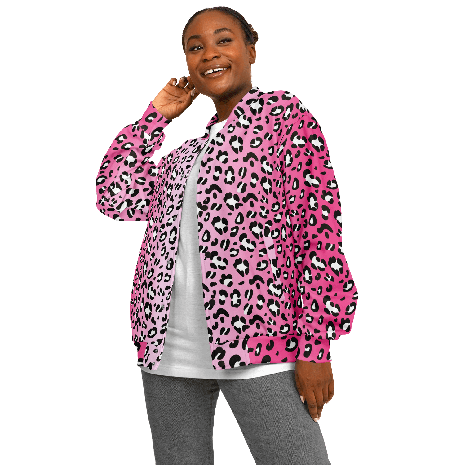 Baseball Jacket in Pink, Black & White Leopard Pattern Camo Colors