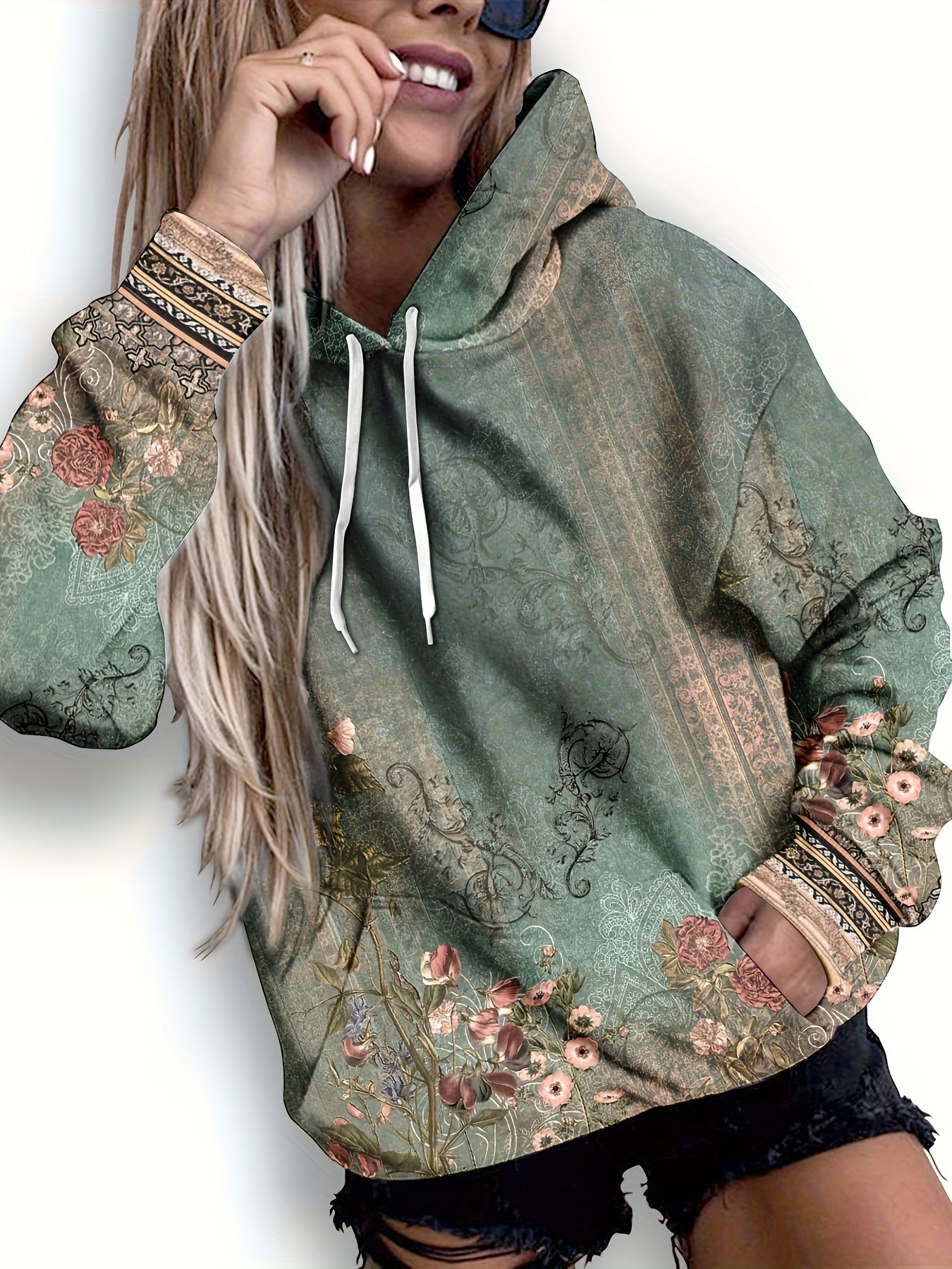Women's Floral Print Hoodie | Casual Drop Shoulder Long Sleeves Camo Colors