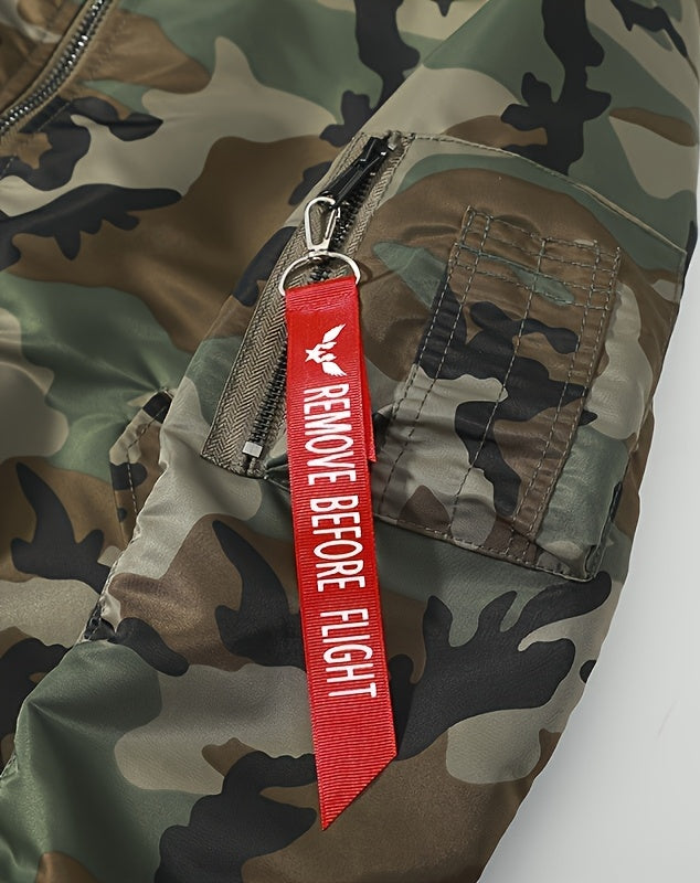 Fashionable Men's Camo Bomber Jacket, Stand Collar, Zipper Camo Colors