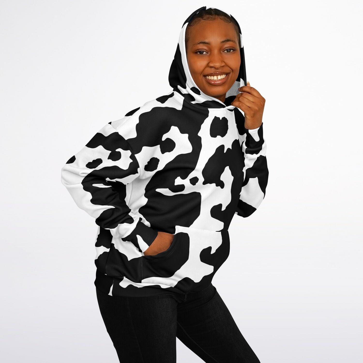 Oversized Hoodie in Black and White Cow Print | Camo Colors