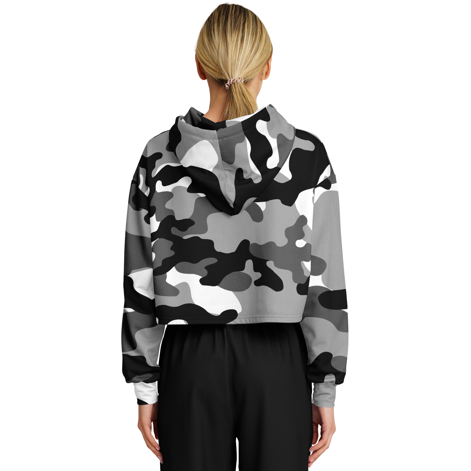 Cropped Hoodie For Women | Black, White & Gray Camouflage Camo Colors