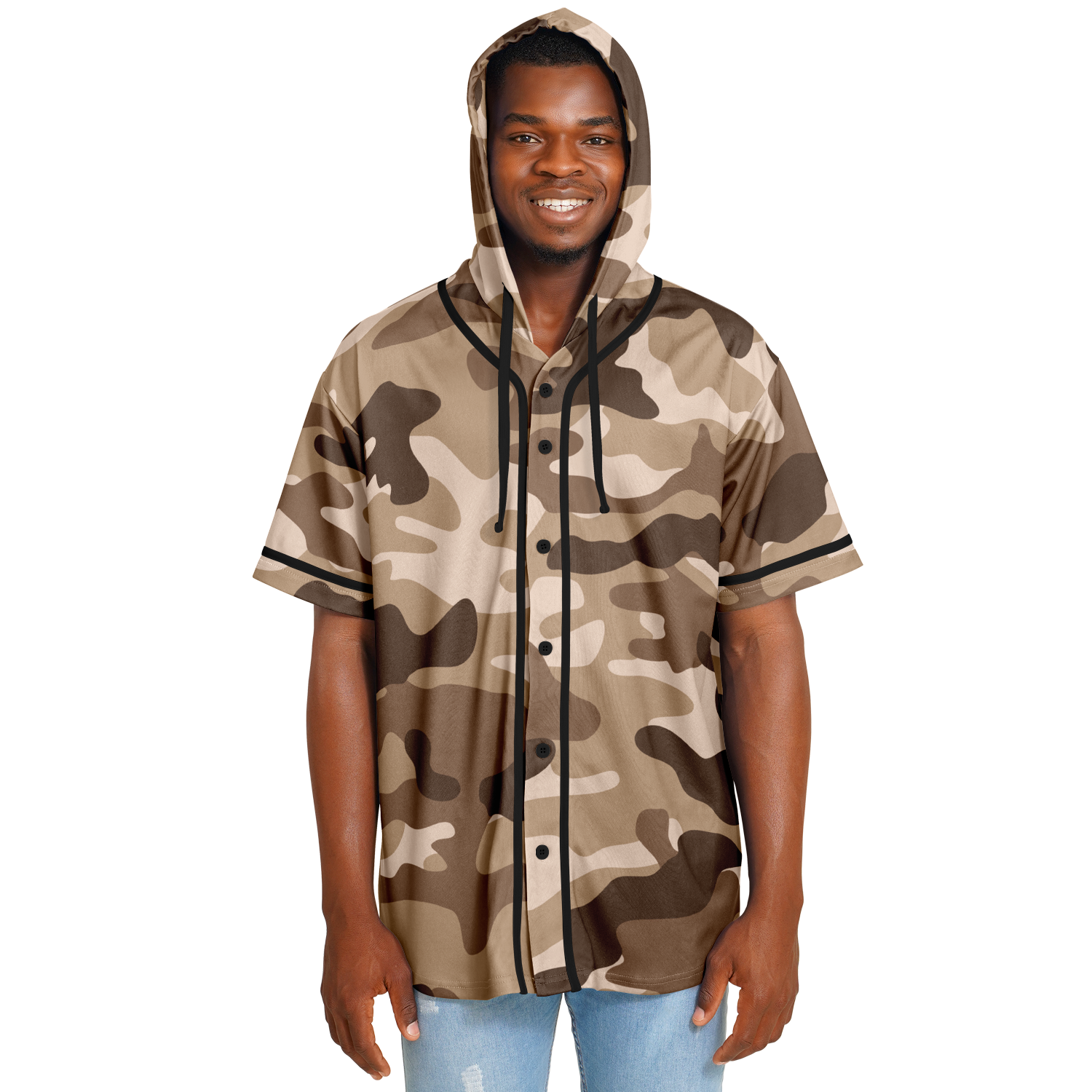 Hooded Baseball Jersey | Brown Military Camo Print | Camo Colors