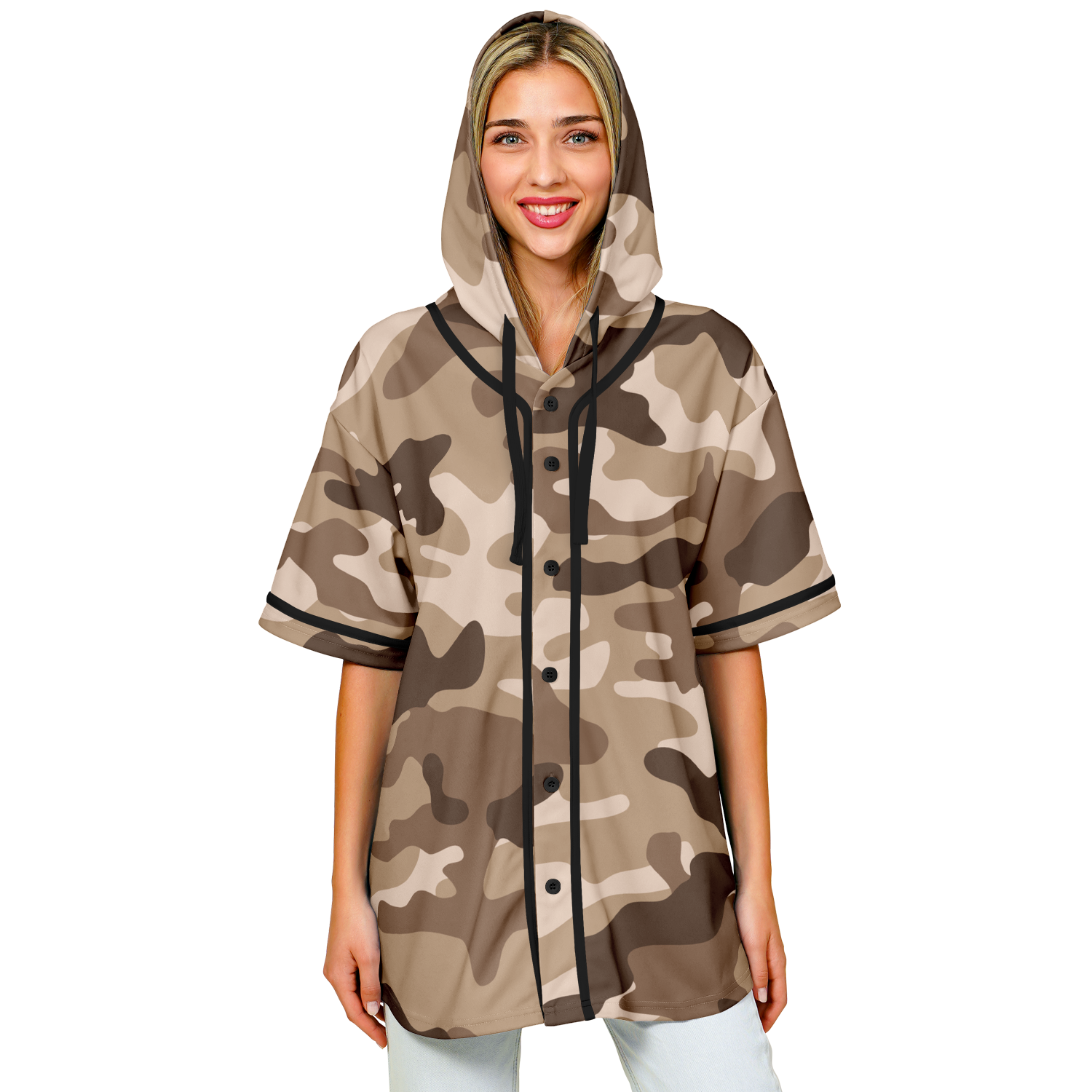 Hooded Baseball Jersey | Brown Military Camo Print | Camo Colors