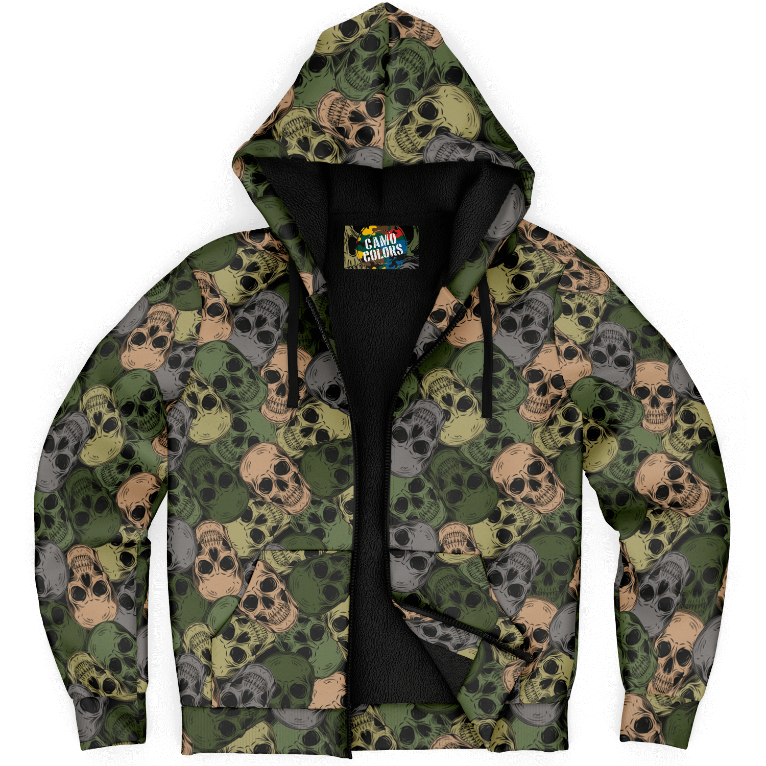 Microfleece Zip Hoodie | Green & Gray Skulls Camouflage Camo Colors