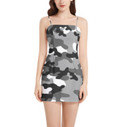 Camo Mini Dress | Spaghetti Strap | Gray, Black, and White Camo Colors