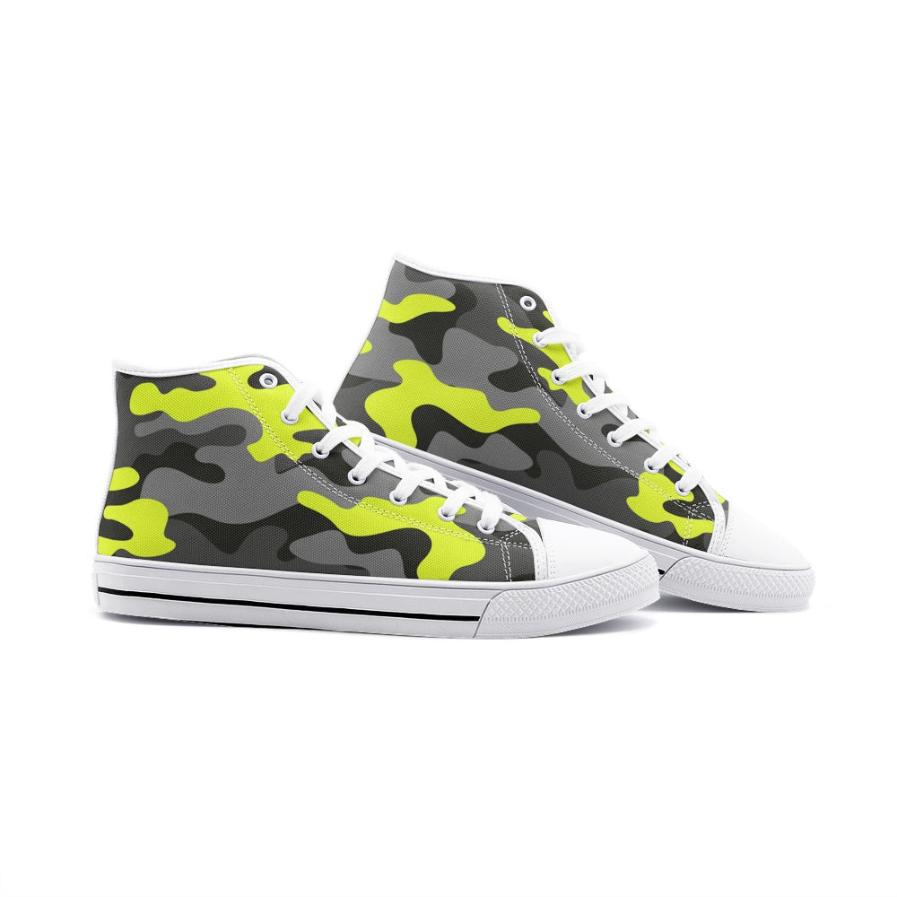 Camo Shoes | HIgh Top Canvas | Yellow, Black, and Gray Camo Colors