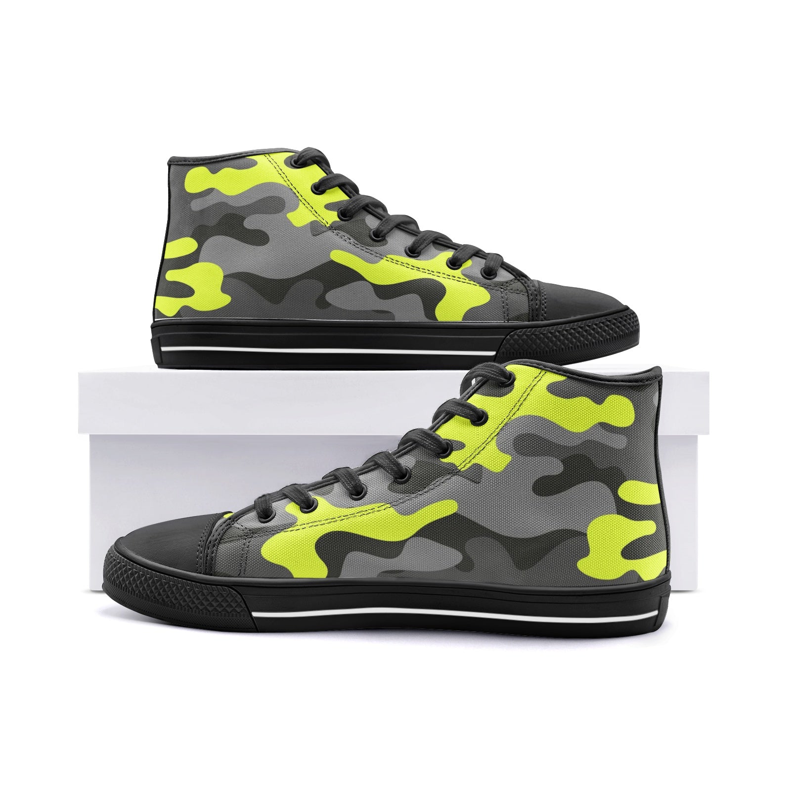 Camo Shoes | HIgh Top Canvas | Yellow, Black, and Gray Camo Colors