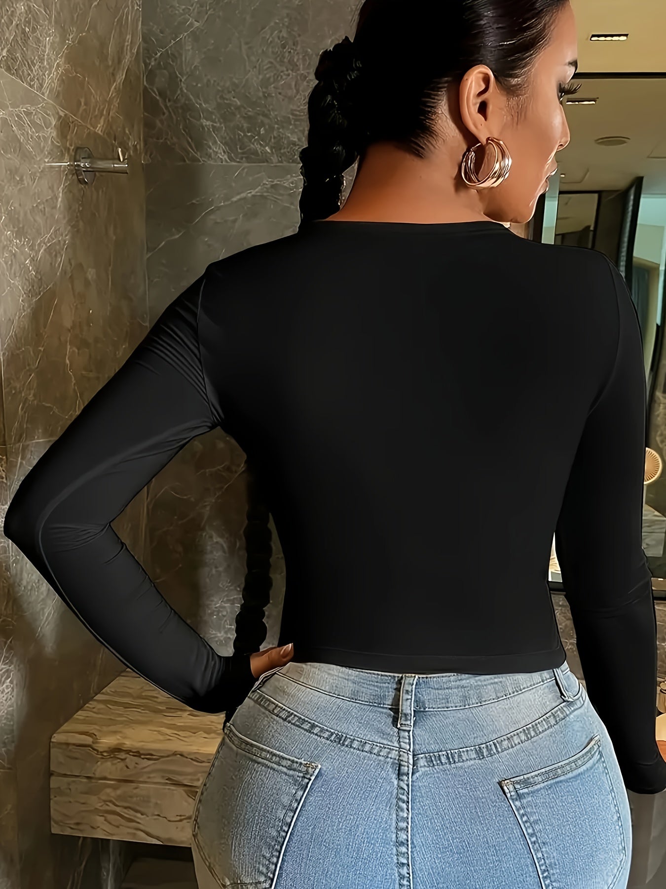 1pc Women's Camouflage Lip Print Crop Top | Round Neck Long Sleeve Short T Camo Colors