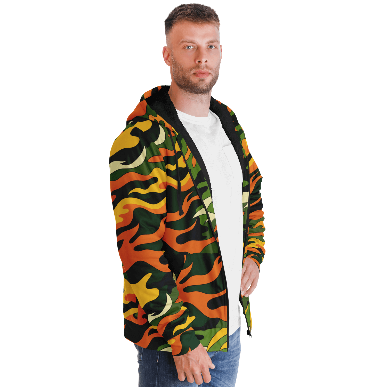 Tiger Flames Zip Hoodie | Cozy Microfleece in Orange Camo Camo Colors