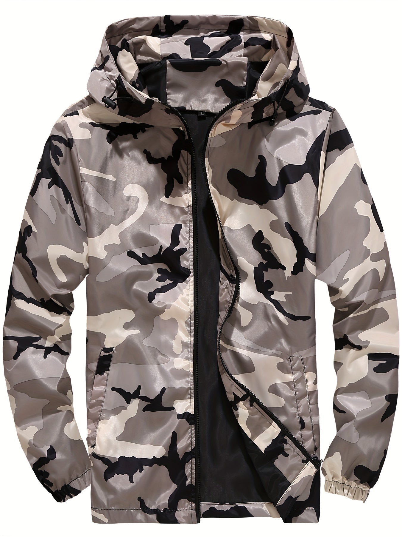 Men's Grey Hooded Zip Up Camouflage Lightweight Jacket Camo Colors