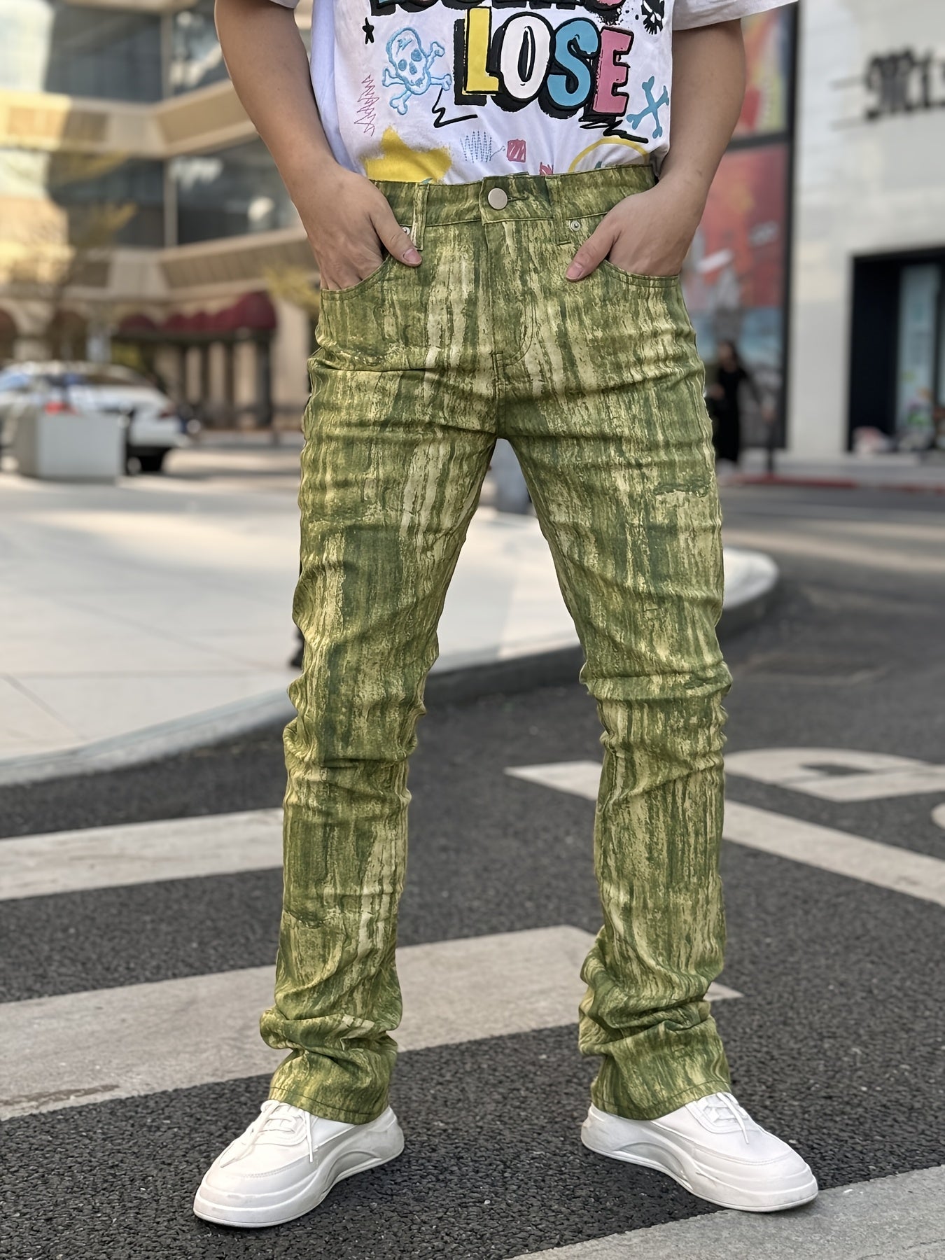 Men's Stretch Denim Flared Pants with 3D Digital Print Camo Colors