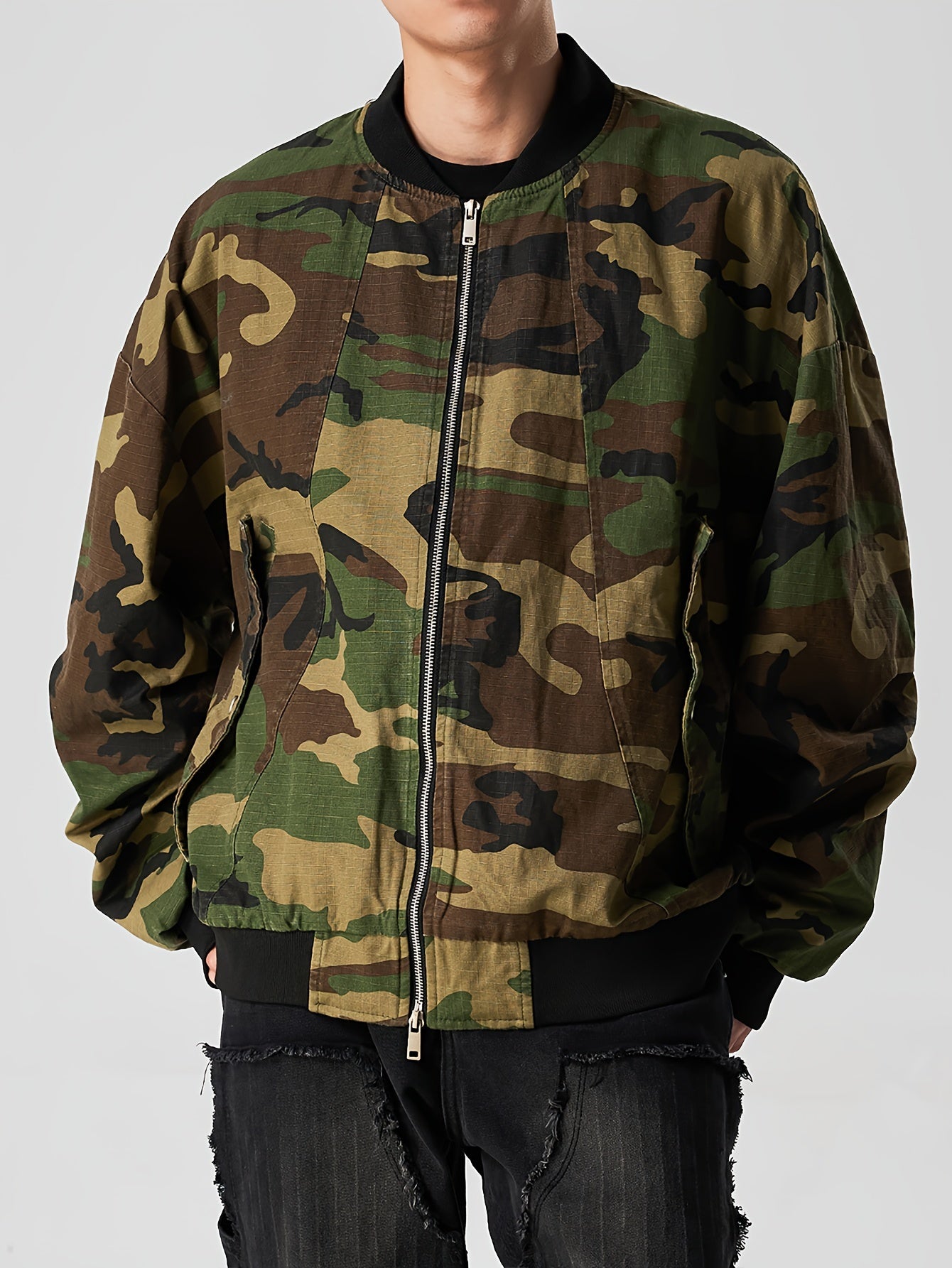 Casual Camo Print Bomber Jacket for Women, Zip-Up Outerwear Camo Colors