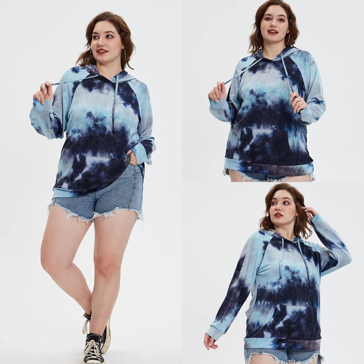 Plus Size Tie Dye Blue Hoodie for Women | Long Sleeve Pullover Camo Colors