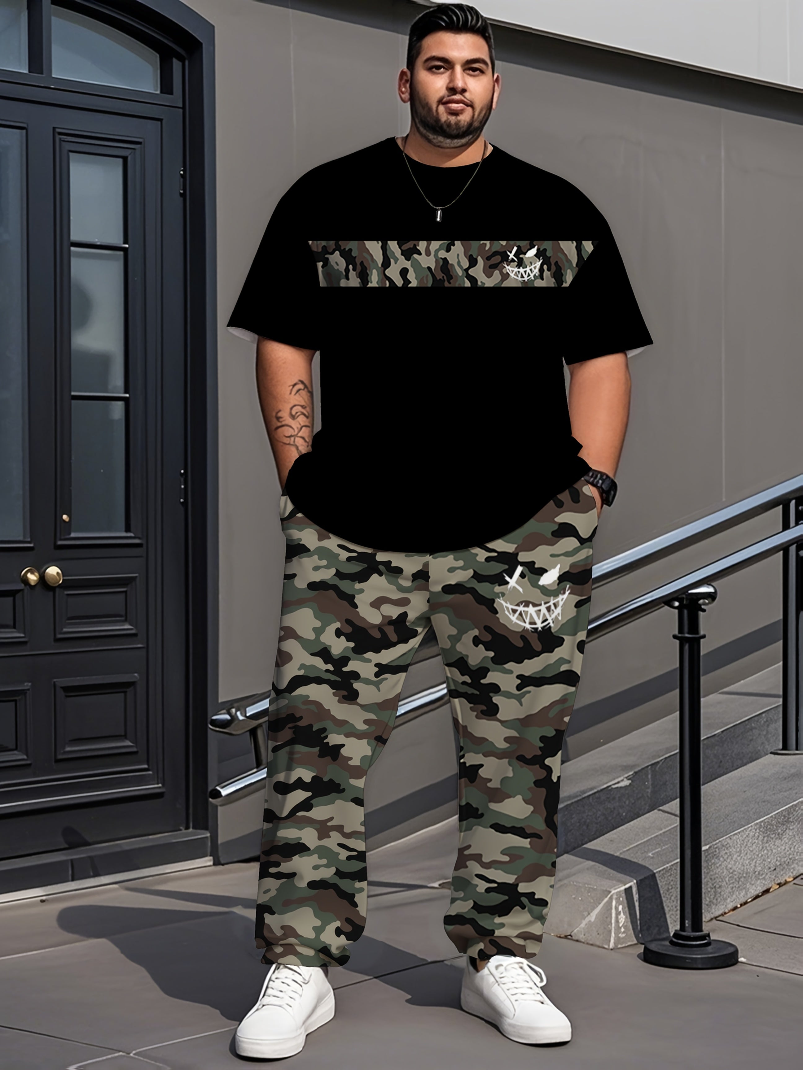 Plus-Size Camouflage Short-Sleeve & Long Pants Set | Camo Colors