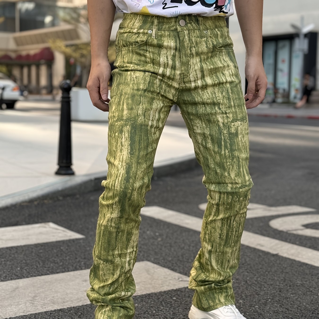 Men's Stretch Denim Flared Pants with 3D Digital Print Camo Colors