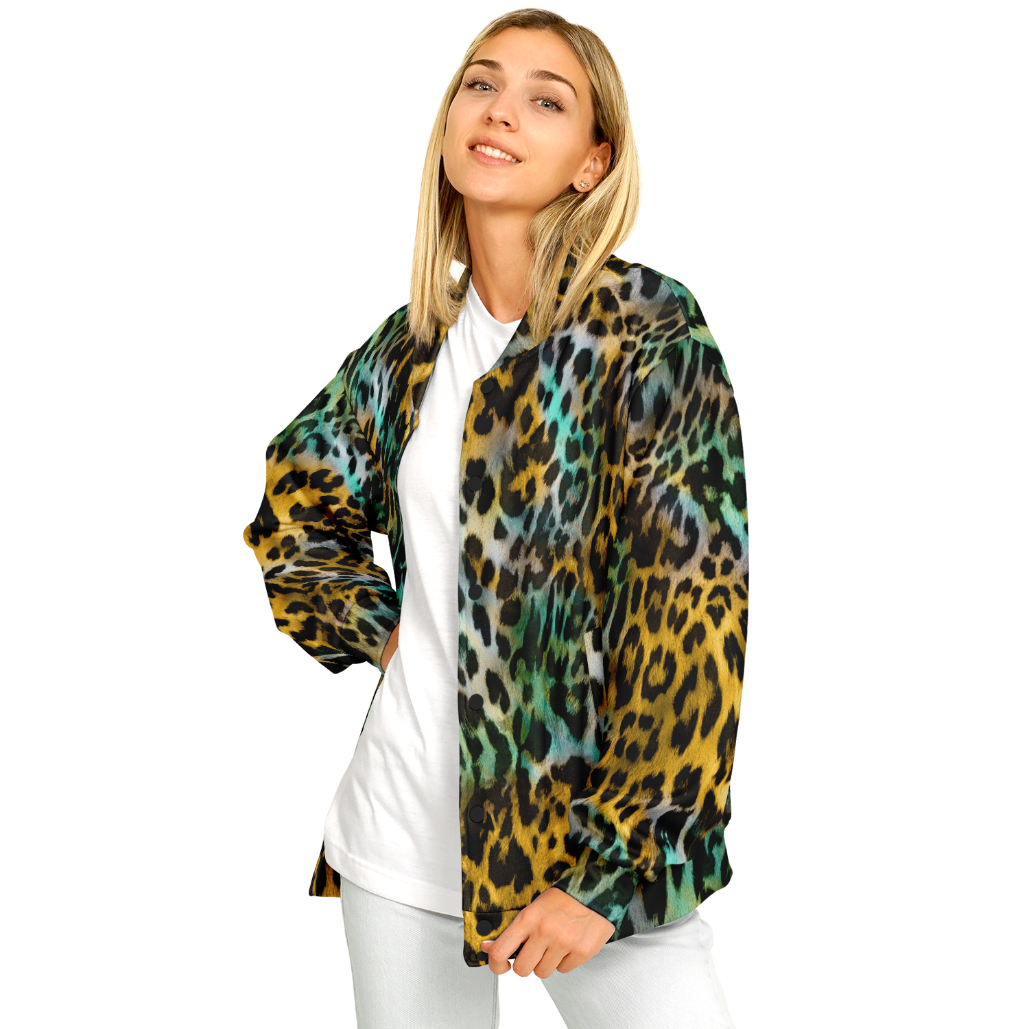 Baseball Jacket in Yellow and Blue Leopard Print Camo Colors