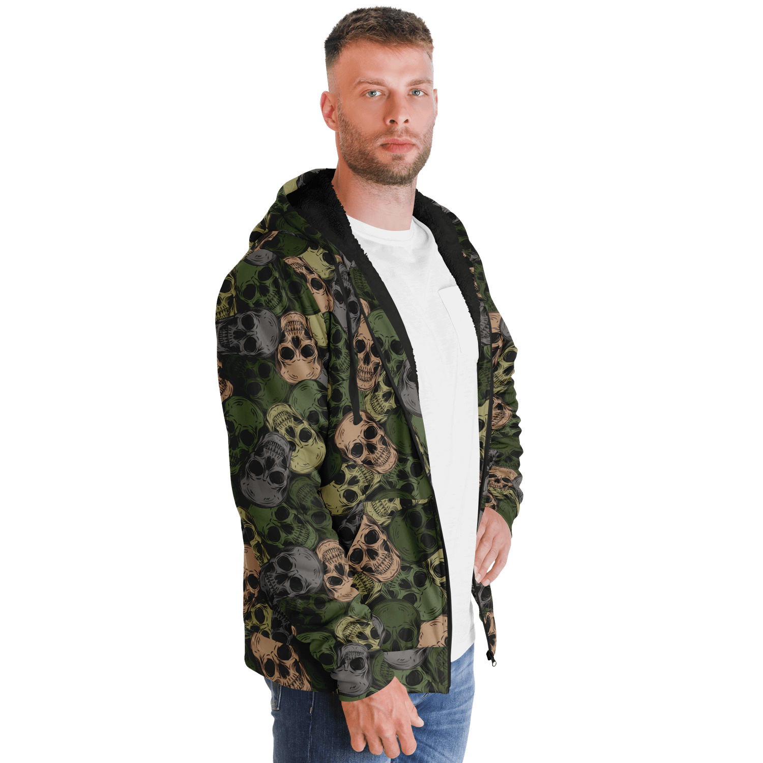 Microfleece Zip Hoodie | Green & Gray Skulls Camouflage Camo Colors