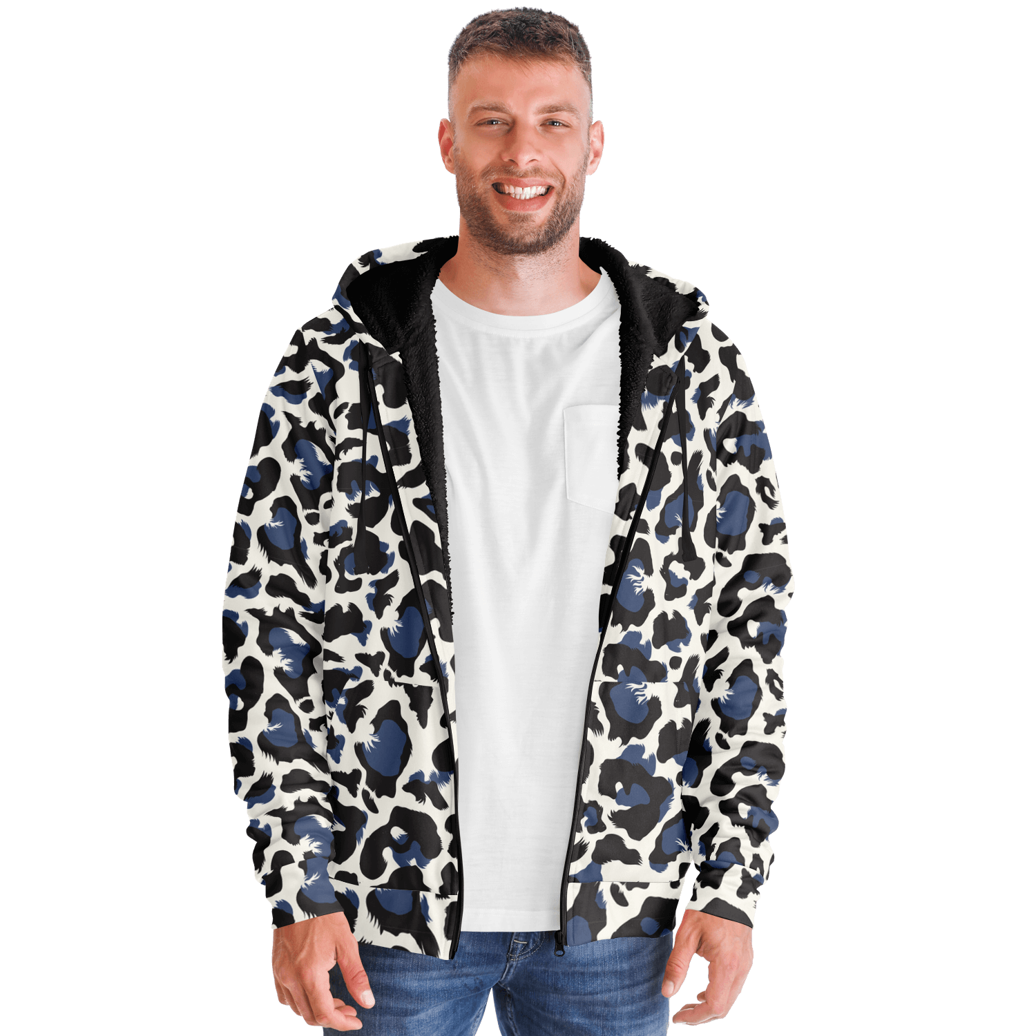 Microfleece Zip Hoodie | Leopard Print in White, Green & Blue Camo Colors