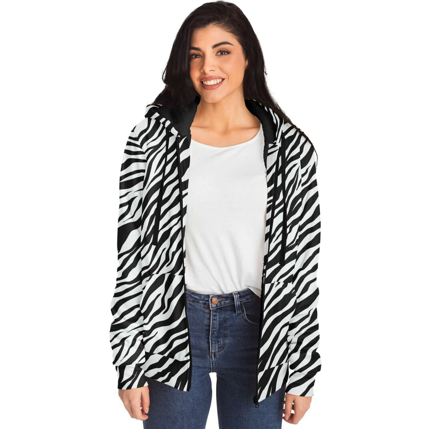 Microfleece Zip Hoodie in Black and White Zebra Print Camo Colors