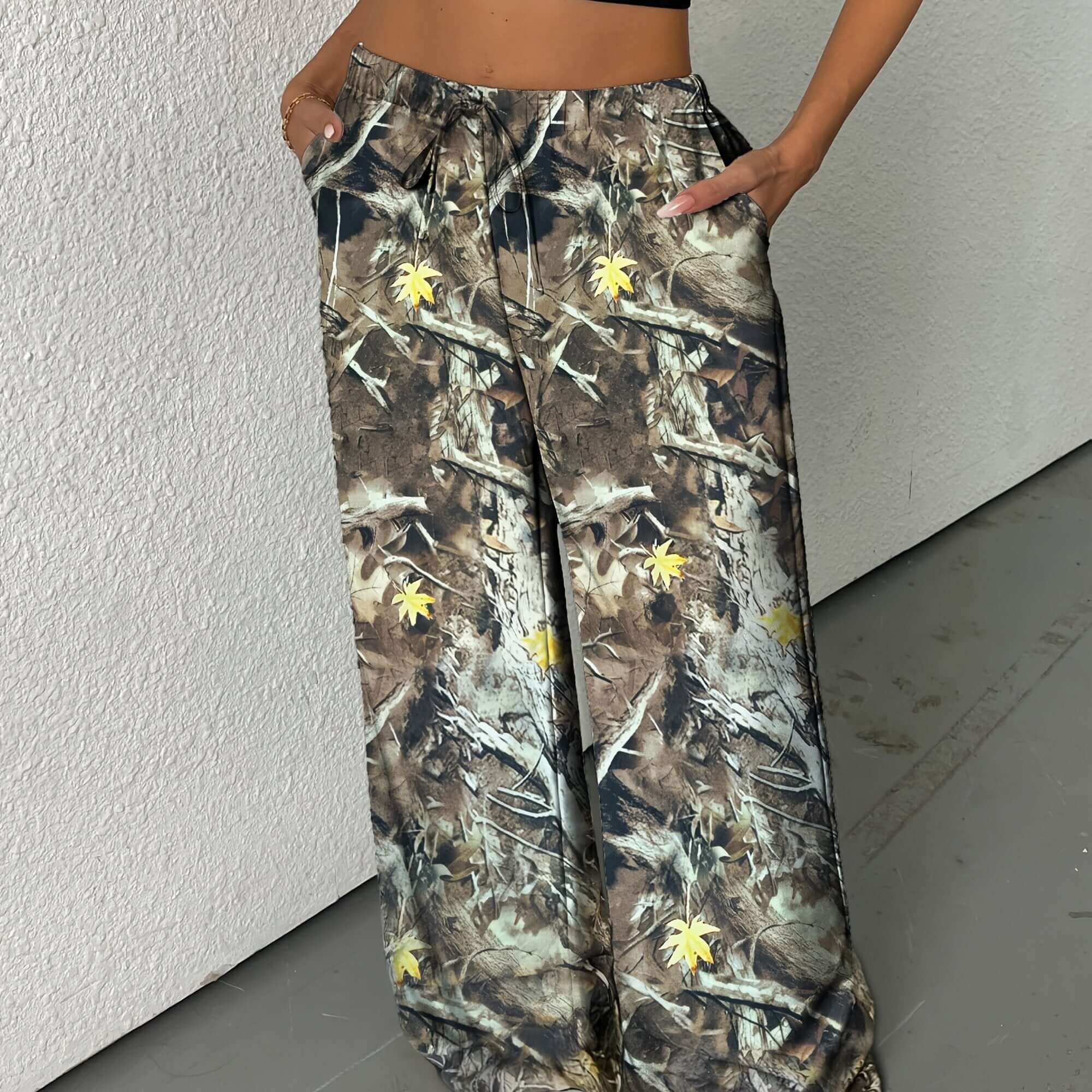 Women's Wide Leg Palazzo Pants with Drawstring | Camouflage Tree Branch Camo Colors