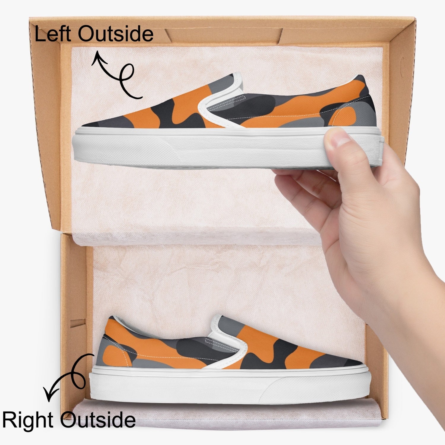 Camo Slip-On Shoes | Orange, Black and Gray Camouflage Camo Colors