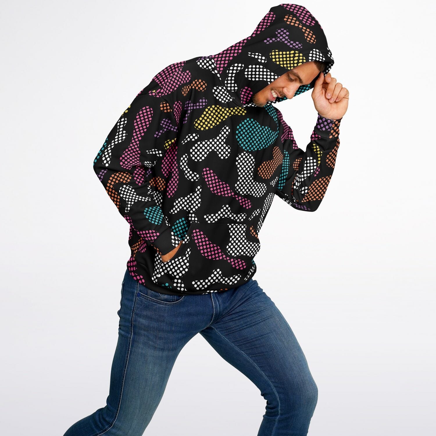 Black Oversized Hoodie | Pixel Camouflage in PInk and Yellow | Camo Colors