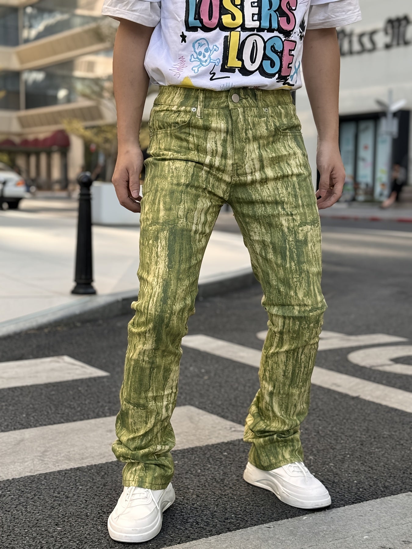 Men's Stretch Denim Flared Pants with 3D Digital Print Camo Colors