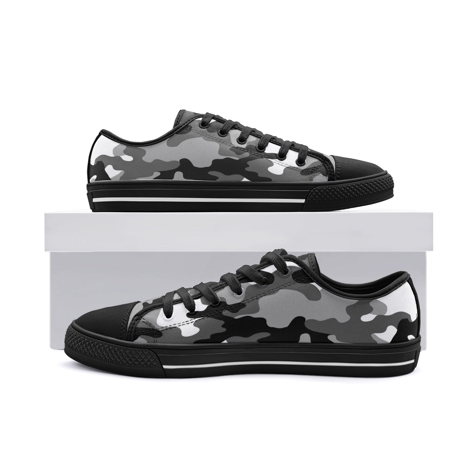 Camo Shoes | Low Top Canvas | Black, White, and Gray Camo Colors