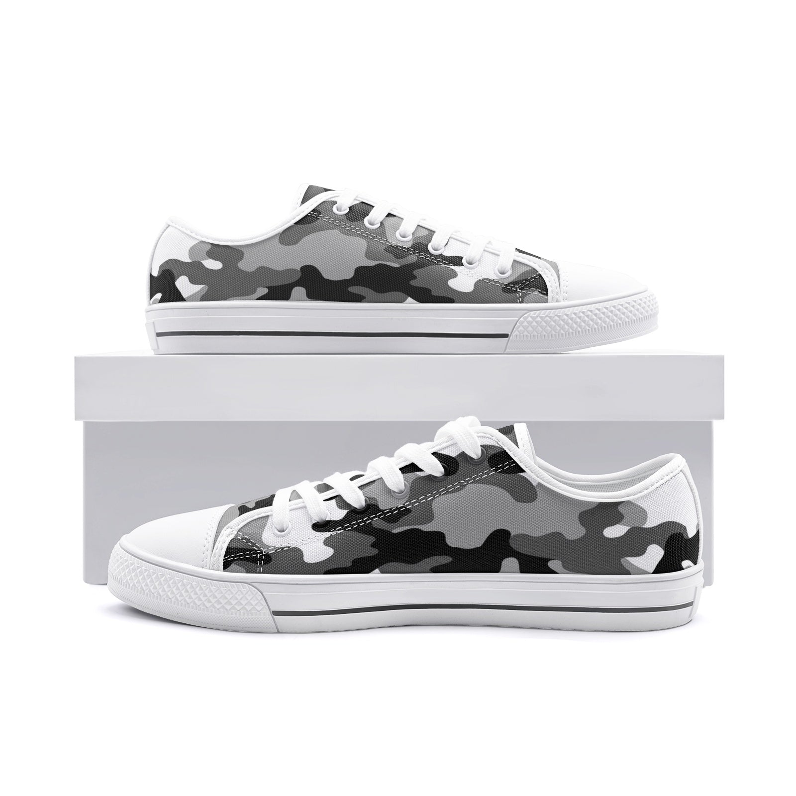 Camo Shoes | Low Top Canvas | Black, White, and Gray Camo Colors