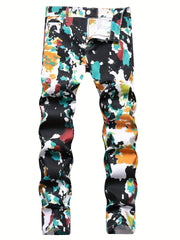 Men'S Casual Printed Jeans, Cotton Blend Denim, Regular Fit Camo Colors