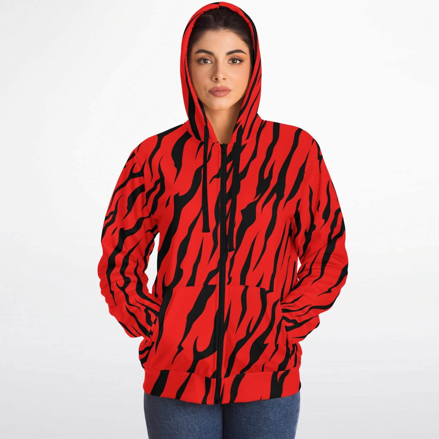 Microfleece Zip Hoodie in Red and Black Tiger Print Camo Colors