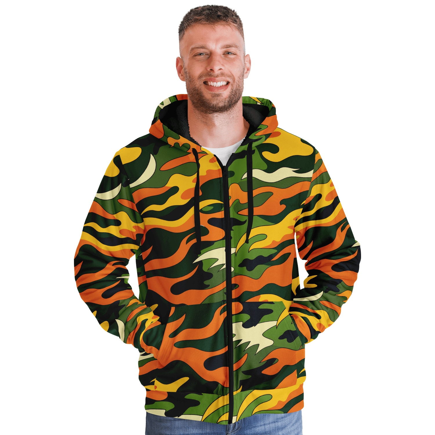 Tiger Flames Zip Hoodie | Cozy Microfleece in Orange Camo Camo Colors