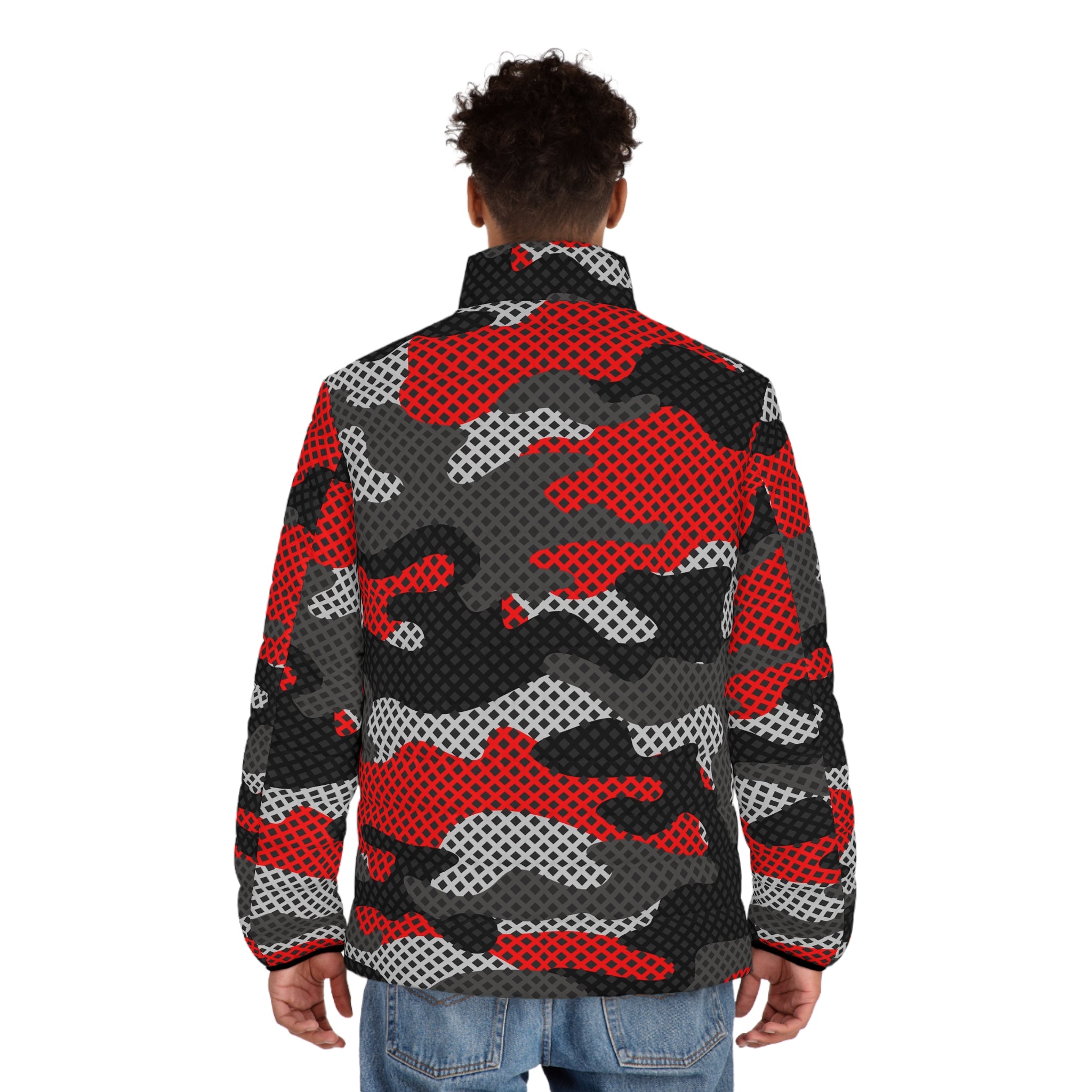 Camo Puffer Jacket For Men | Red, Black and Gray Pixel Camo Colors